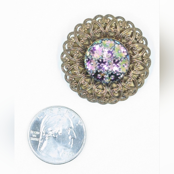 Vintage Western Germany Scarf Clip w/ Iridescent Flower Beads Encased Filigree - Picture 2 of 5